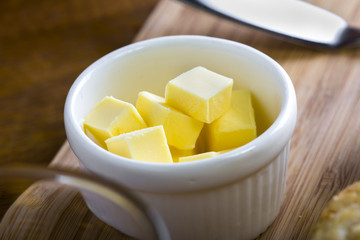fresh yellow dairy butter in a white bowl