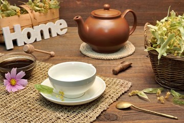 Home Tea Time Scene  With Lime Tree Blossom. Rustic Style