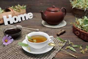 Home Tea Time Scene  With Lime Tree Blossom. Rustic Style