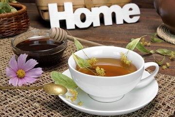 Home Tea Time Scene  With Lime Tree Blossom. Rustic Style