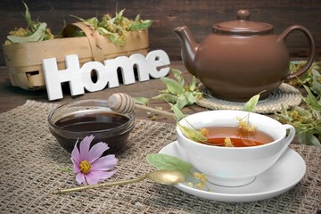 Home Tea Time Scene  With Lime Tree Blossom. Rustic Style