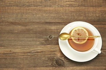 High Angle View On The Rustic Wood Table With Teacup