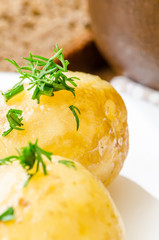 Traditional Ukrainian food boiled new potatoes with butter and dill on wooden table