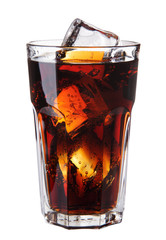 Image of Cola glass with ice cubes over white