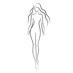 Silhouette of beautiful nude woman vector illustration. Fashion girl with long hair isolated. Beauty logo.