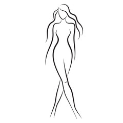 Fototapeta premium Silhouette of beautiful nude woman vector illustration. Fashion girl with long hair isolated. Beauty logo.