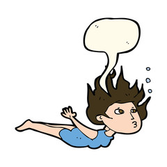 cartoon woman swimming underwater with speech bubble