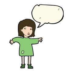 cartoon woman in patched clothing with speech bubble