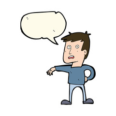 cartoon man making camp gesture with speech bubble