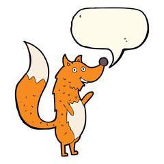 cartoon waving fox with speech bubble