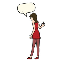 cartoon woman waving with speech bubble