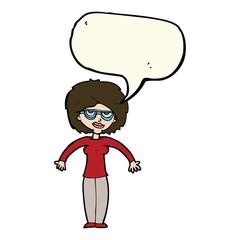 cartoon woman shrugging shoulders with speech bubble
