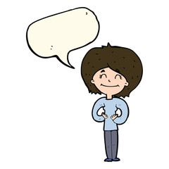 cartoon happy woman with speech bubble