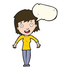 cartoon woman shrugging shoulders with speech bubble