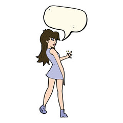 cartoon woman posing in dress with speech bubble
