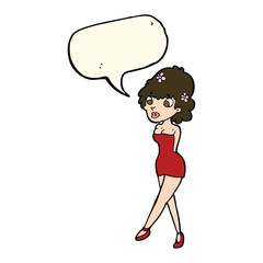 cartoon woman posing in dress with speech bubble