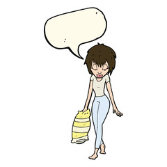 cartoon woman going to bed with speech bubble