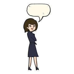 cartoon woman in trench coat with speech bubble
