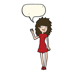 cartoon happy woman waving with speech bubble