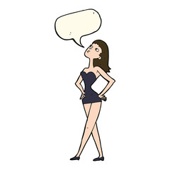 cartoon woman in party dress with speech bubble