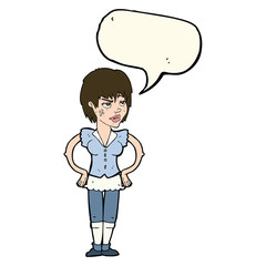 cartoon tough woman with hands on hips with speech bubble