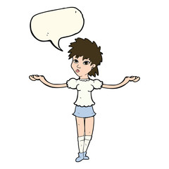 cartoon woman shrugging shoulders with speech bubble