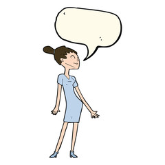 cartoon woman in dress with speech bubble