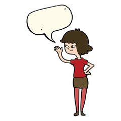 cartoon friendly girl waving with speech bubble