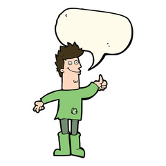 cartoon positive thinking man in rags with speech bubble