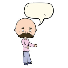 cartoon man with mustache with speech bubble