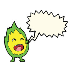 cartoon flame character with speech bubble