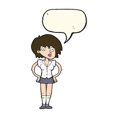 cartoon surprised woman with hands on hips with speech bubble