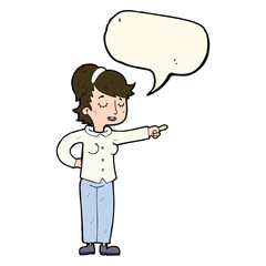 cartoon friendly woman pointing with speech bubble