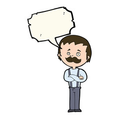 cartoon man with mustache with speech bubble