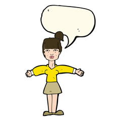 cartoon woman shrugging shoulders with speech bubble