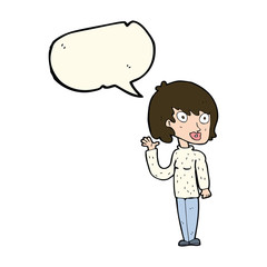 cartoon waving woman with speech bubble