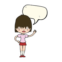 cartoon waving woman with speech bubble