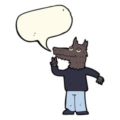 cartoon happy wolf man with speech bubble