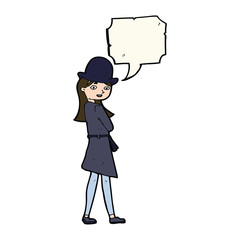 cartoon female spy with speech bubble