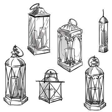 set of hand drawn lanterns. Vector sketch. 