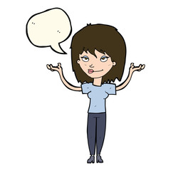 cartoon woman shrugging with speech bubble