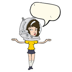 cartoon woman wearing space helmet with speech bubble