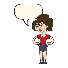 cartoon woman with hands on hips with speech bubble