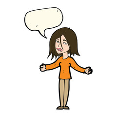 cartoon woman shrugging shoulders with speech bubble