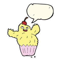 cartoon cupcake monster with speech bubble