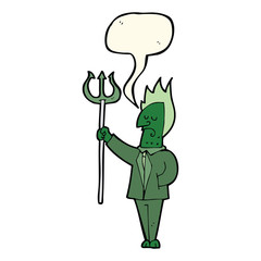 cartoon devil with pitchfork with speech bubble