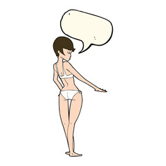 cartoon woman in bikini with speech bubble