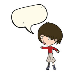 cartoon woman raising eyebrow with speech bubble