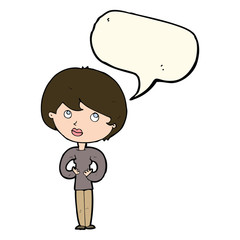cartoon woman making Who Me? gesture with speech bubble