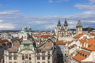 Aerial view: Traditional red roofed Houses in Prague. Czech Rep.